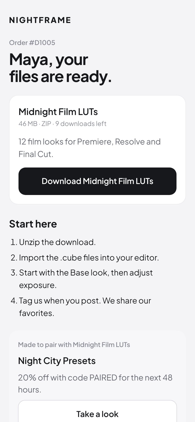 The customer download page on a phone, with quick-start steps