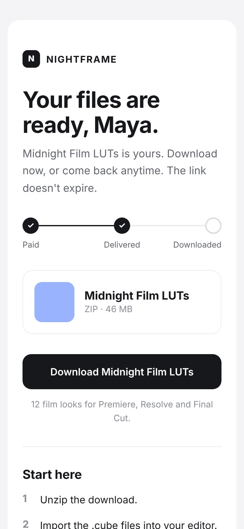 A delivery email on a phone, with a download button and a paid, delivered, downloaded tracker